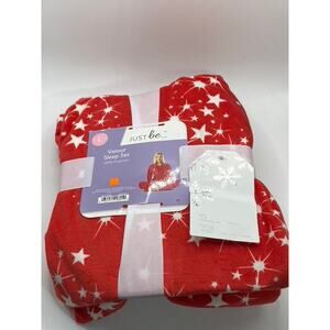 JUST BE Women's Red-White Star Print Velour Crewneck 2pc Sleep Set SZ L